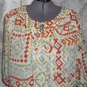 Alfred Dunner 22W 3/4 Sleeve Sheer Top Mosaic Pattern Tie Above Keyhole Opening